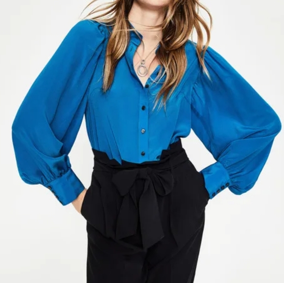 Boden Blouson Sleeve Silk Shirt- cyan - Picture 2 of 12
